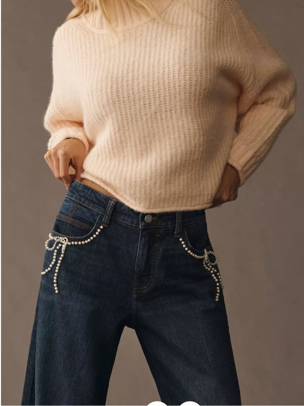 Anthropologie Pearl-Embellished Low-Rise Wide-Leg Jeans by Pilcro in Blue - Picture 3 of 5